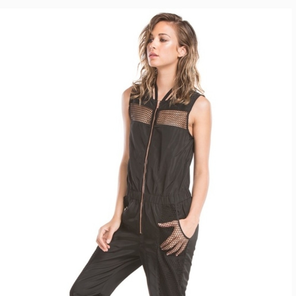 Lime & Vine Stella Mesh Inset Jumpsuit Utility-Inspired Black & Gold Size Small